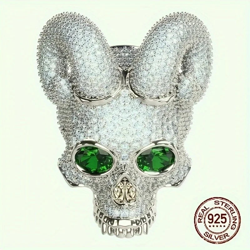 Gothic Horned Skull Ring with Green Eyes