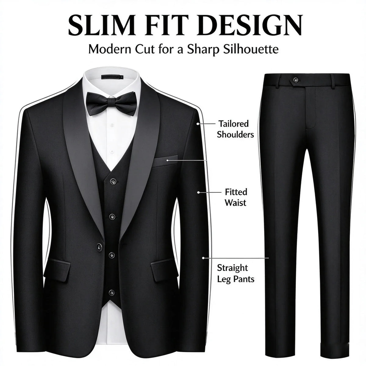 Men's 3 Piece Tuxedo Suit Set Shawl Lapel One Button Slim Fit Blazer Vest Pants Wedding Groom Prom Formal Party Business Outfit
