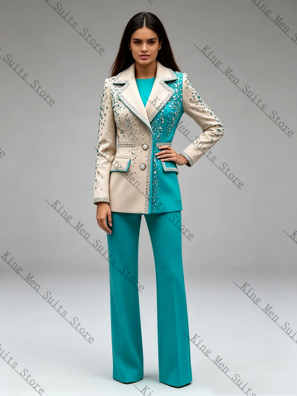 Crystal-Detail Blazer & Pants Suit