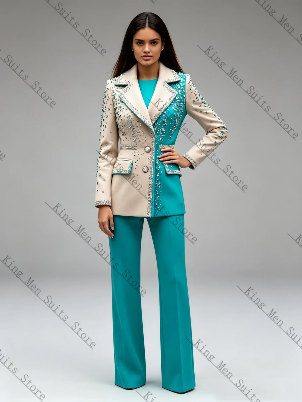 Crystal-Detail Blazer & Pants Suit