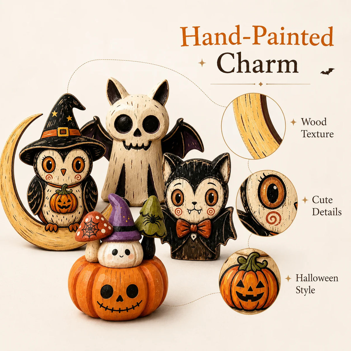Wooden Halloween Tabletop Figures – Owl, Ghost, Pumpkin & Cat