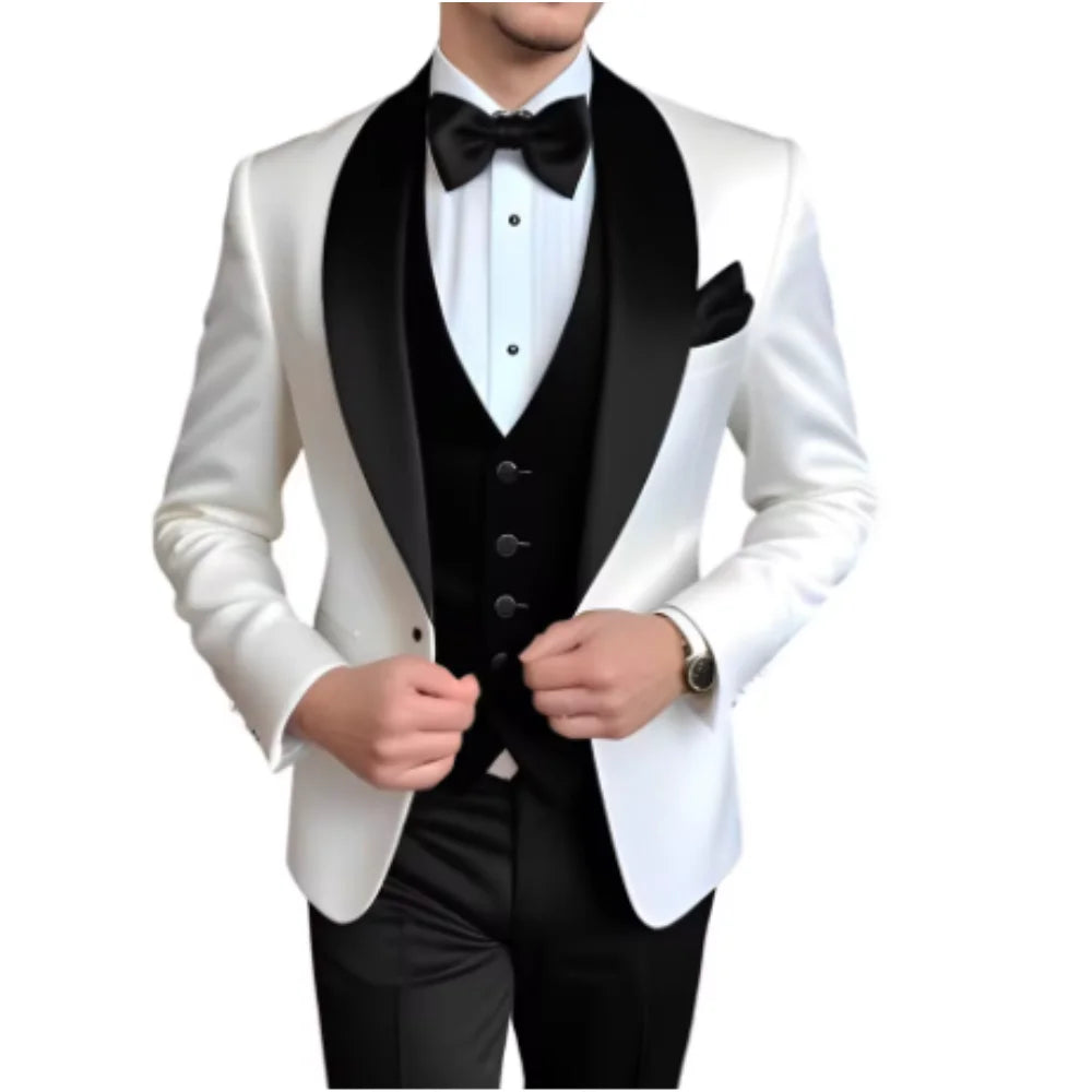 Customized Men's 3-Piece Tuxedo with Shawl Lapel Smoking Suit Wedding Groomsmen Formal Party Blazer Vest Pants Ternos Masculinos