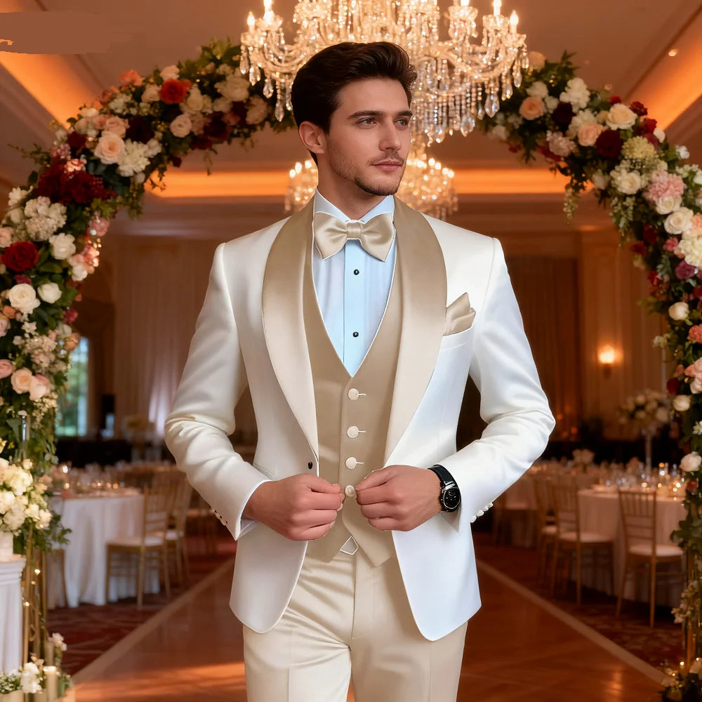 Customized Men's 3-Piece Tuxedo with Shawl Lapel Smoking Suit Wedding Groomsmen Formal Party Blazer Vest Pants Ternos Masculinos