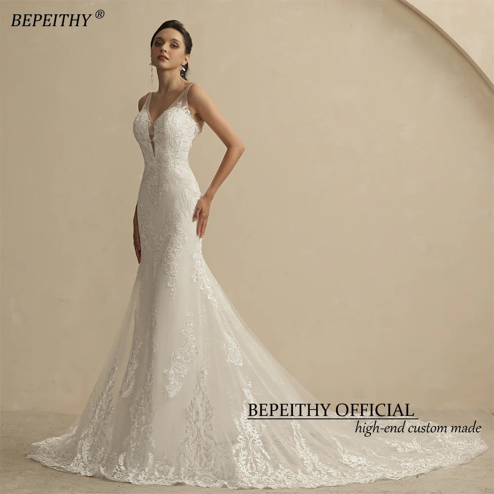 Ivory V-Neck Lace Mermaid Wedding Gown with Court Train
