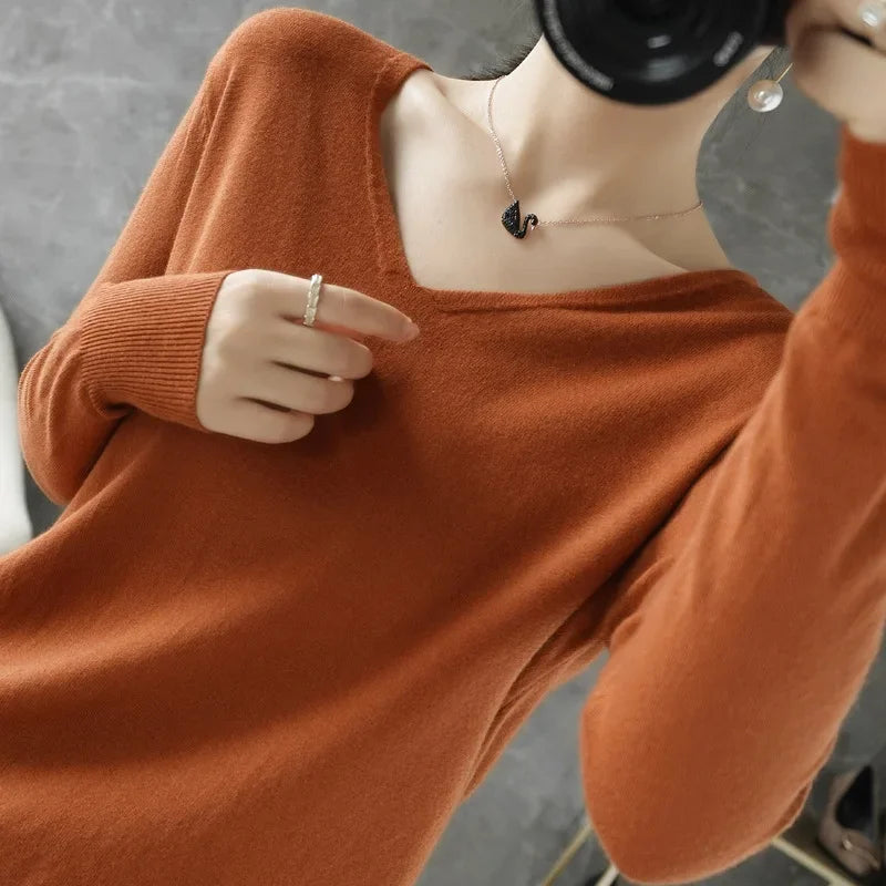 V-Neck Loose Knit Sweater, Soft Long Sleeve Pullover