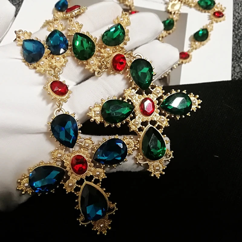 Crystal Cross Statement Choker Necklace with Pearls