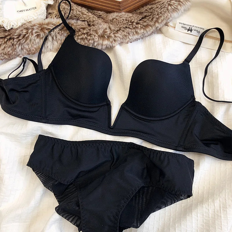 Seamless Plunge Push Up Bra and Brief Set