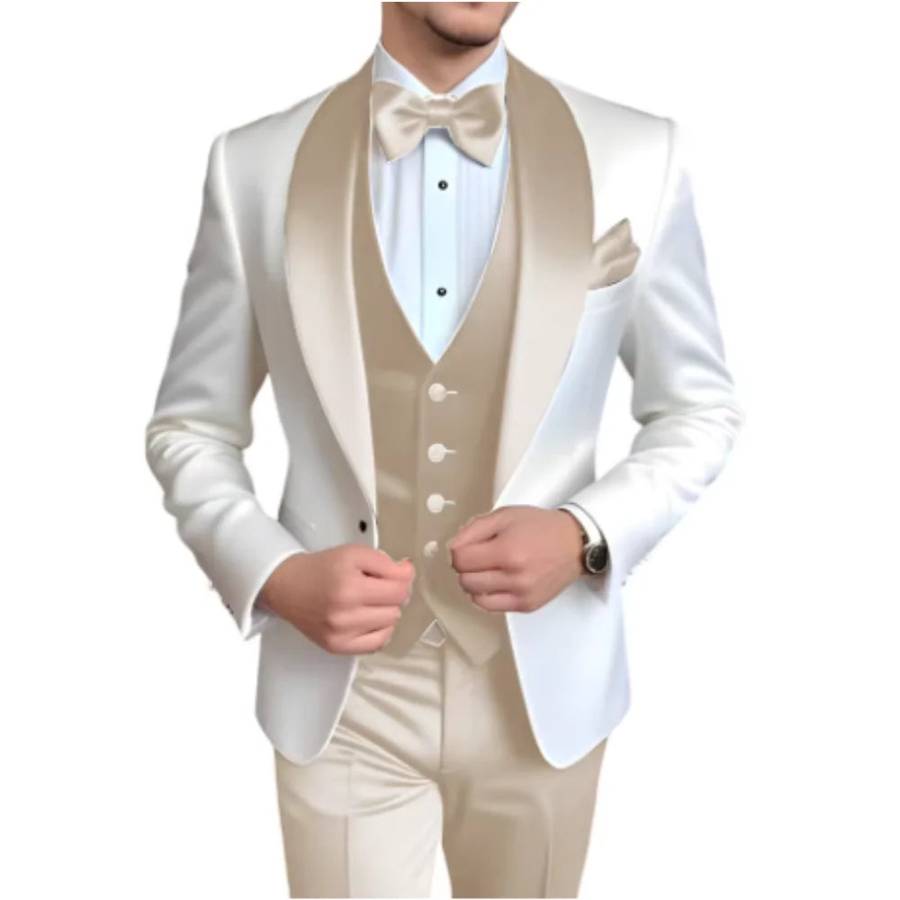 Customized Men's 3-Piece Tuxedo with Shawl Lapel Smoking Suit Wedding Groomsmen Formal Party Blazer Vest Pants Ternos Masculinos