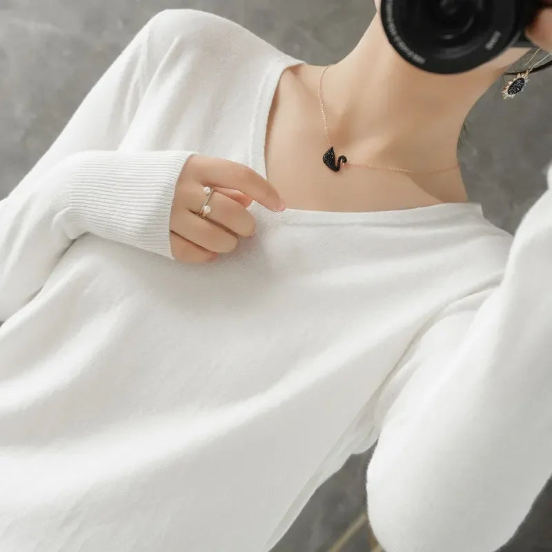 V-Neck Loose Knit Sweater, Soft Long Sleeve Pullover