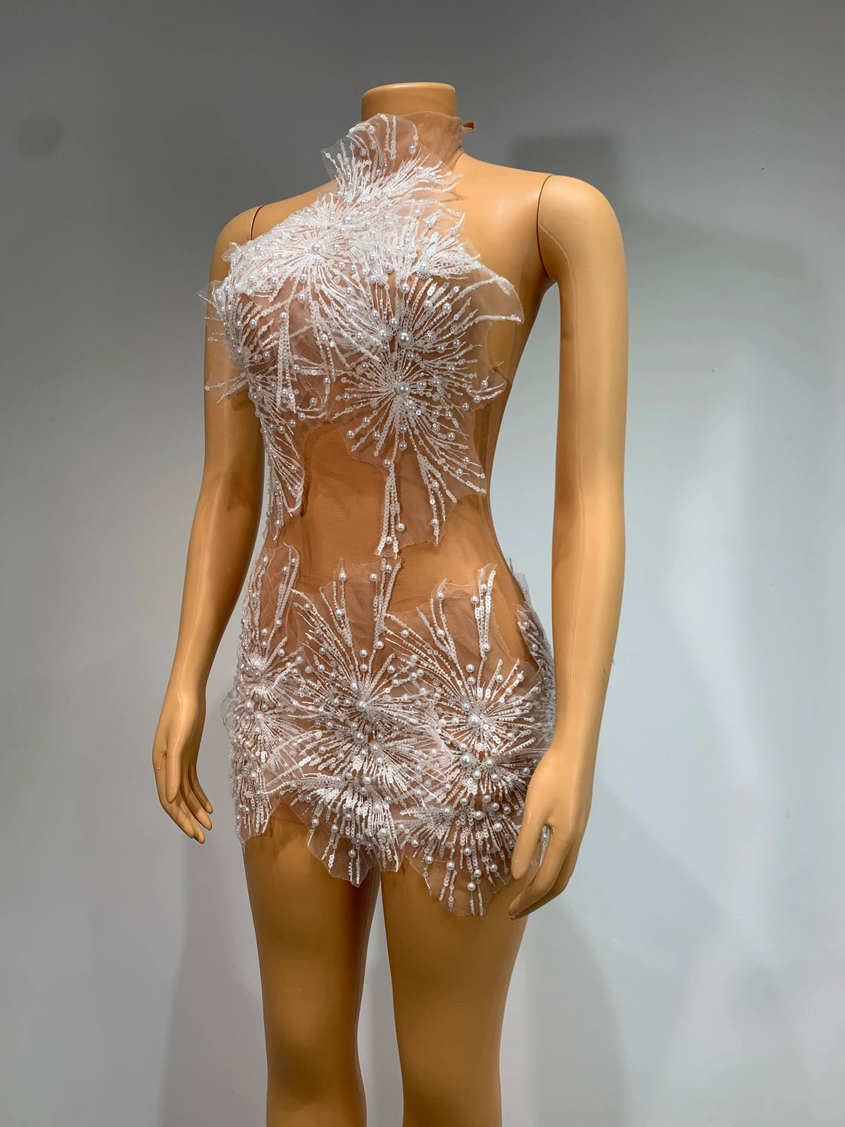 White Beaded High-Neck Sheer Mesh Mini Dress