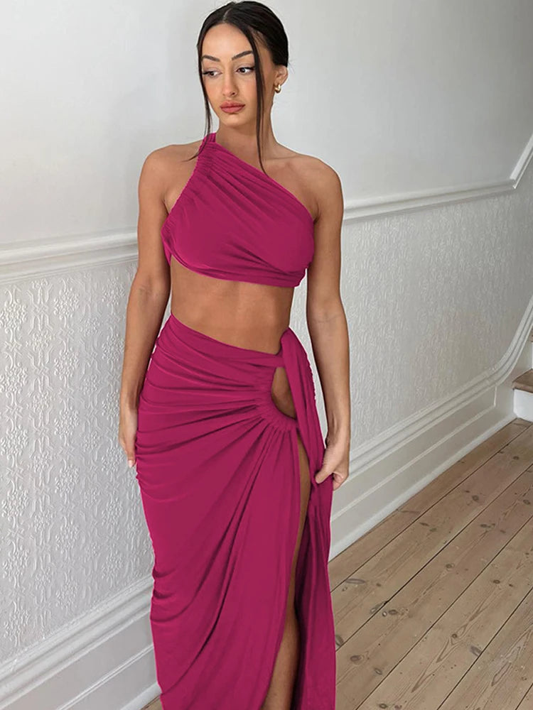 Beyprern Ruched Crop Top & High-Slit Maxi Skirt Set