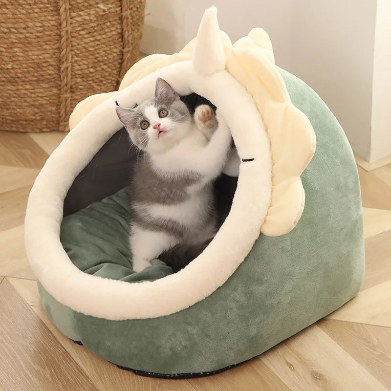 Plush Cat Cave Bed with Hanging Ball – Large