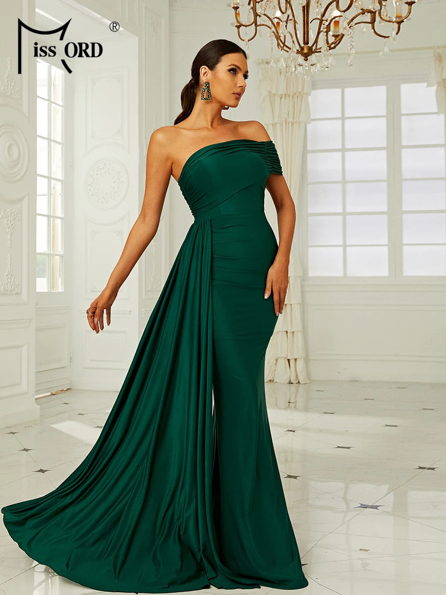 Asymmetric Off-Shoulder Draped Evening Gown