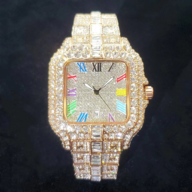 Men's Iced-Out Square Quartz Watch with Colorful Roman Numerals