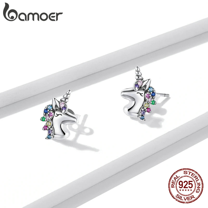 Rainbow Zircon Unicorn Stud Earrings in 925 Sterling Silver