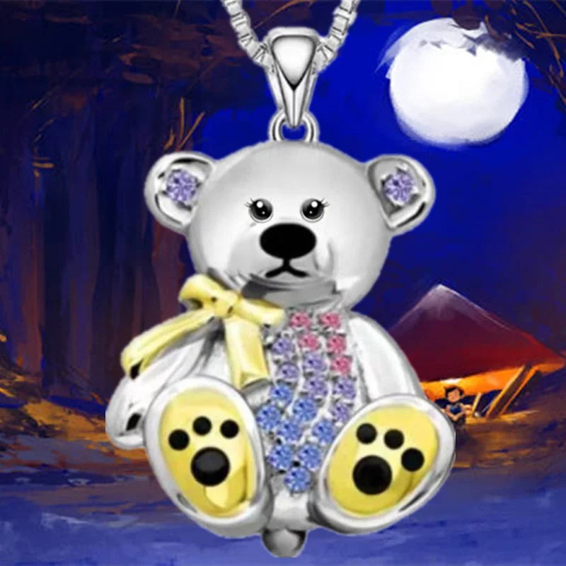Teddy Bear Pendant Necklace with Colorful Accents