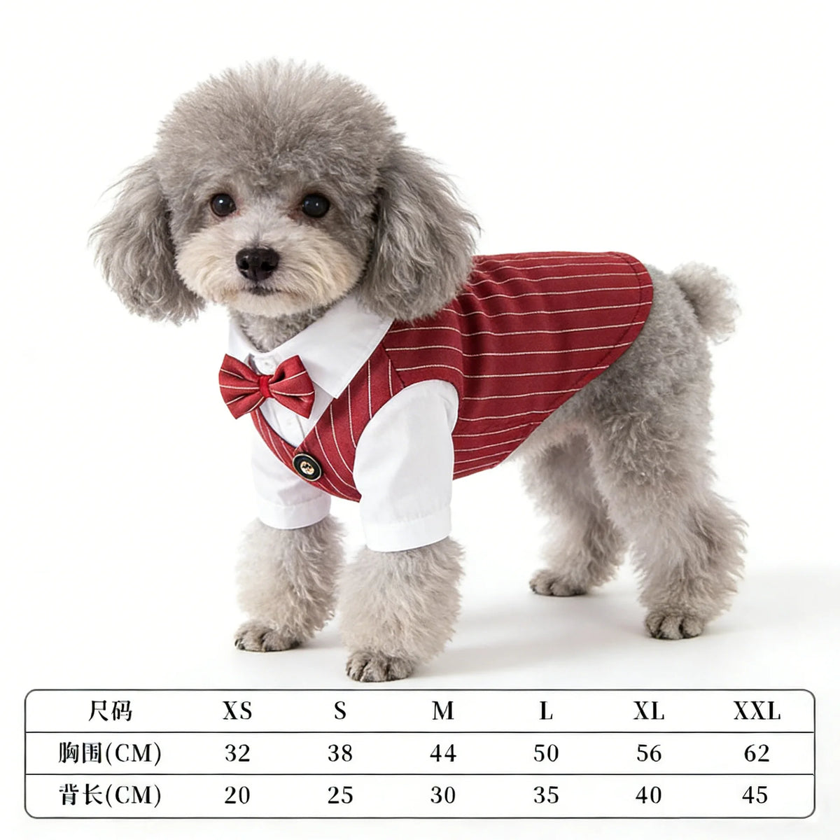 Pinstripe Dog Tuxedo-Style Outfit with Bow Tie