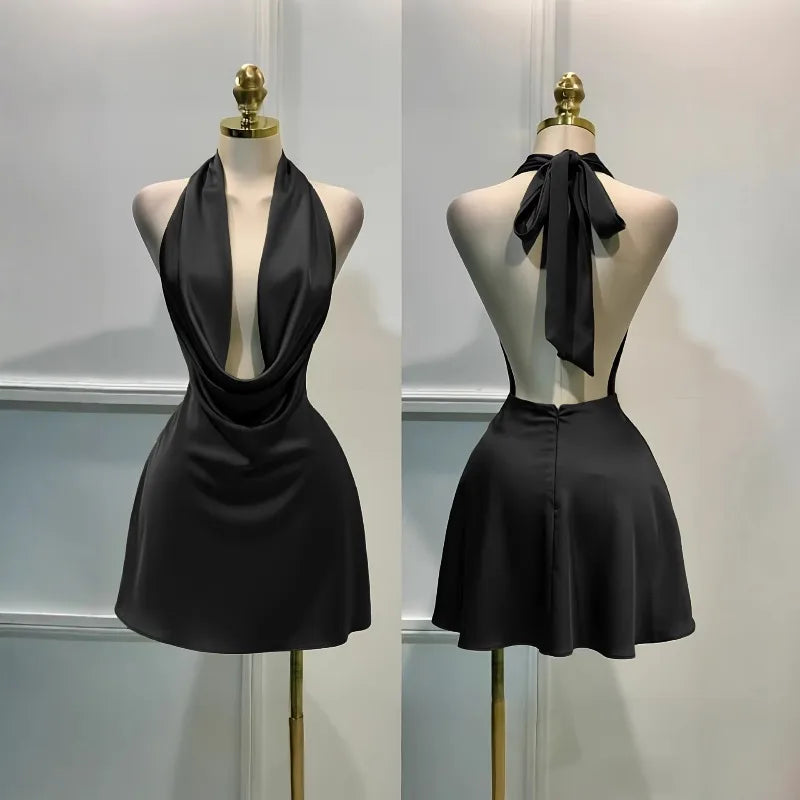 Satin Cowl-Neck Halter Mini Dress with Open Back