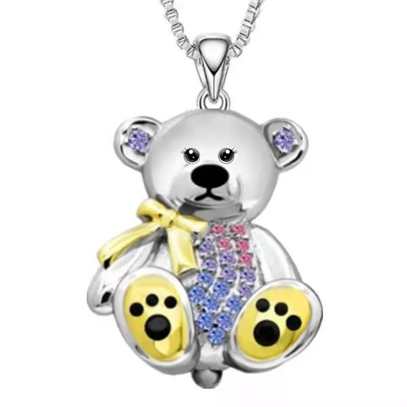 Teddy Bear Pendant Necklace with Colorful Accents