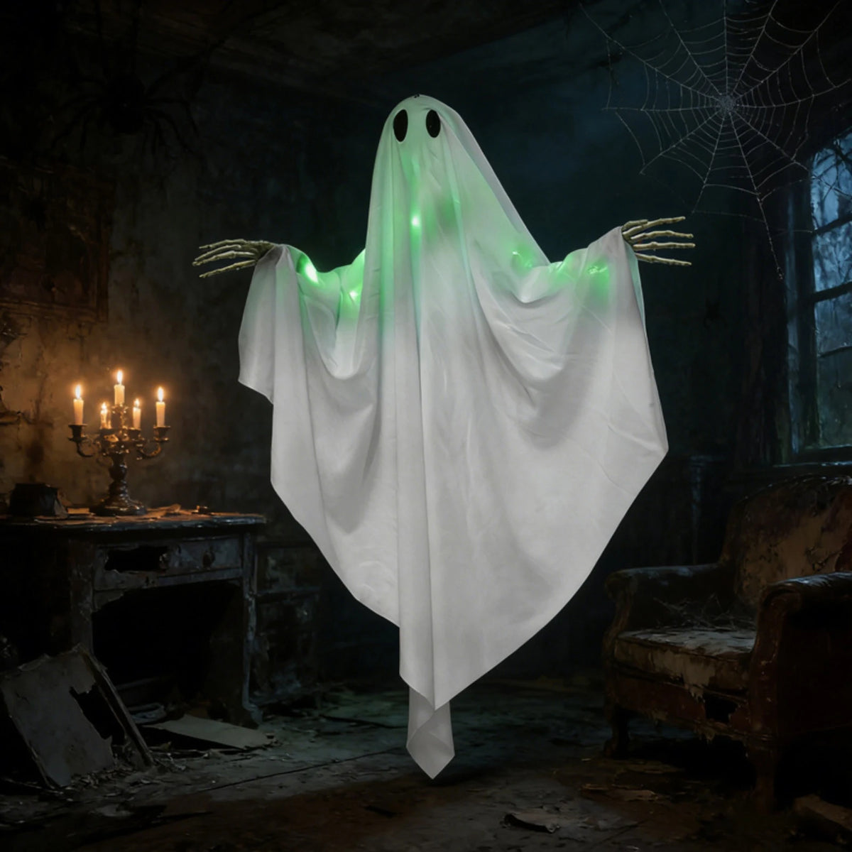 Green Light-Up Hanging Halloween Ghost – Skeleton Hands