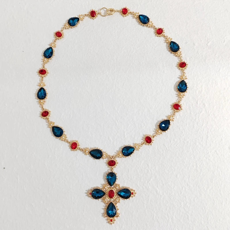 Crystal Cross Statement Choker Necklace with Pearls