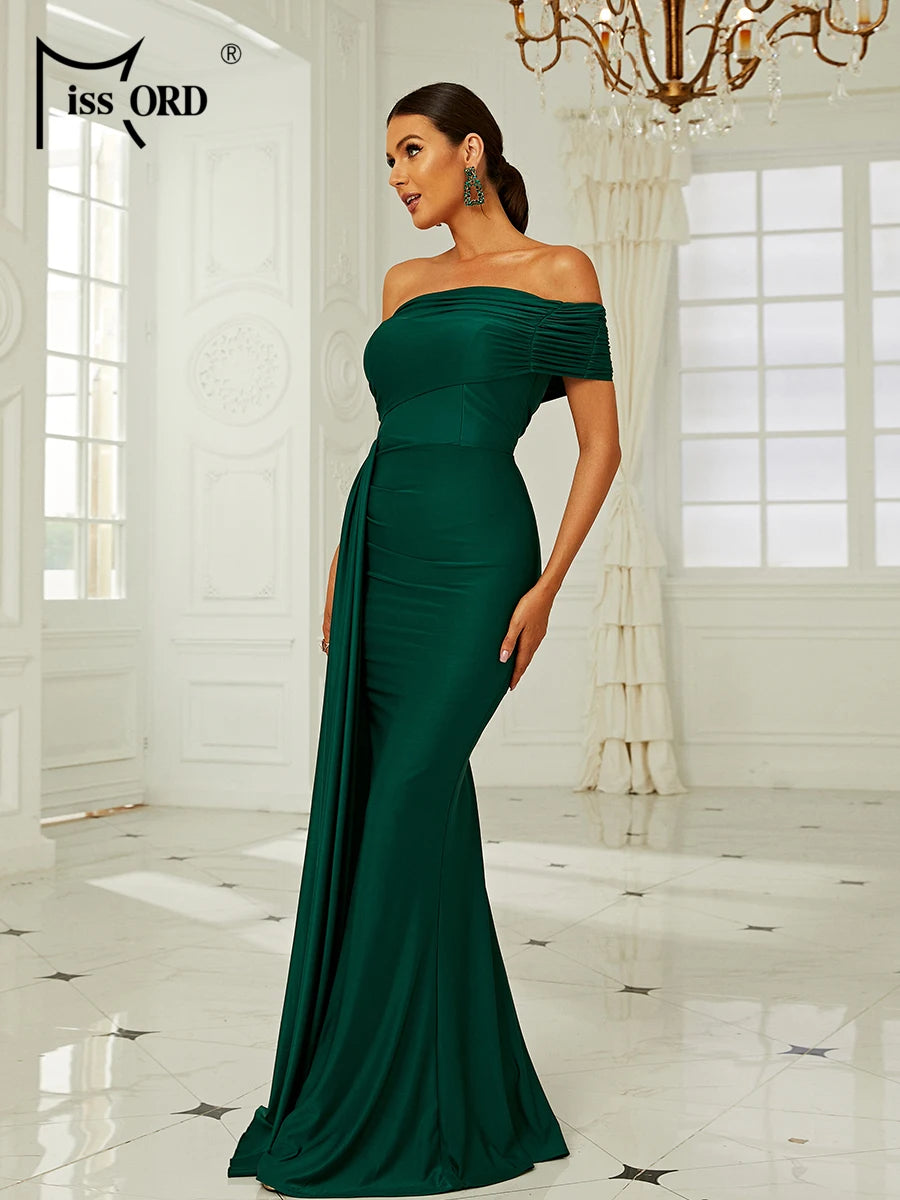 Asymmetric Off-Shoulder Draped Evening Gown