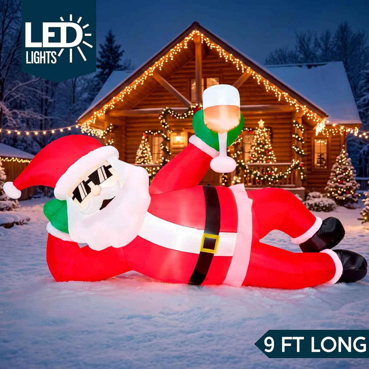 9FT Giant Christmas Inflatable Santa Outdoor Decoration Lying Santa Claus Christmas Blow Ups Yard Decorations with Built‑in LED Lights for Xmas Roof Lawn Garden Patio Holiday Party Decor