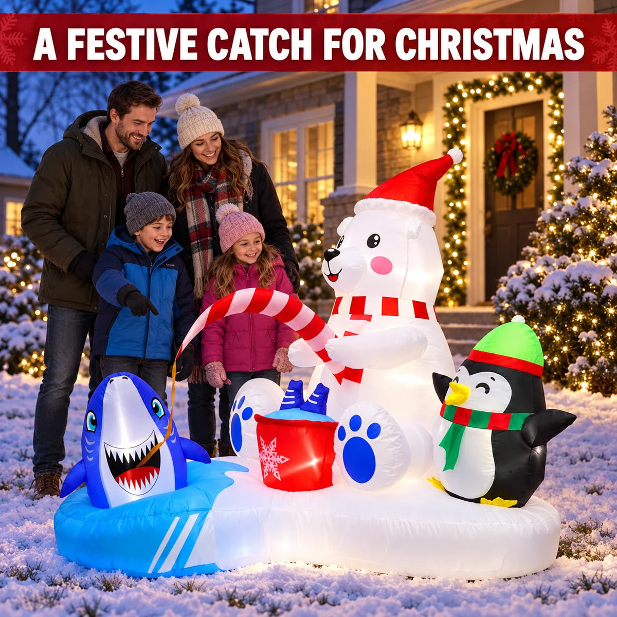 LED Christmas Inflatable Polar Bear Fishing Scene with Penguin & Shark
