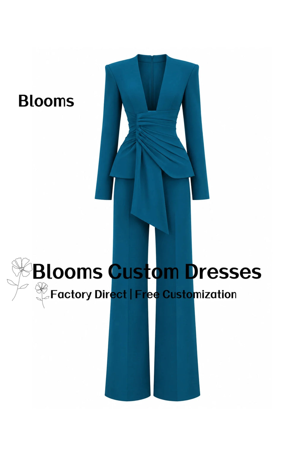 Women's Teal Deep-V Evening Pant Suit with Ruched Top