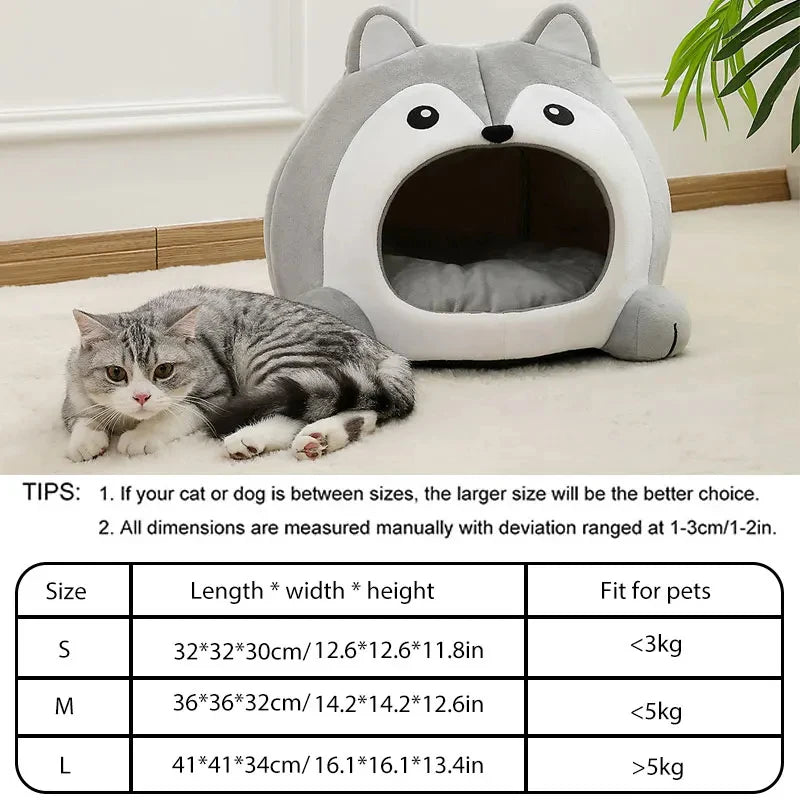 Husky-Shaped Plush Cat Cave Bed – Three Sizes