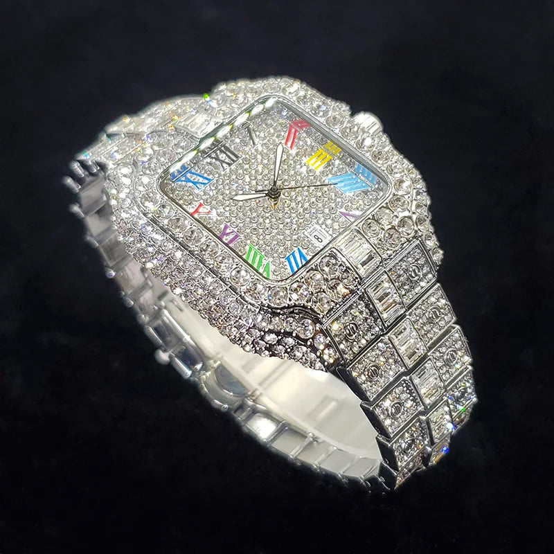 Men's Iced-Out Square Quartz Watch with Colorful Roman Numerals
