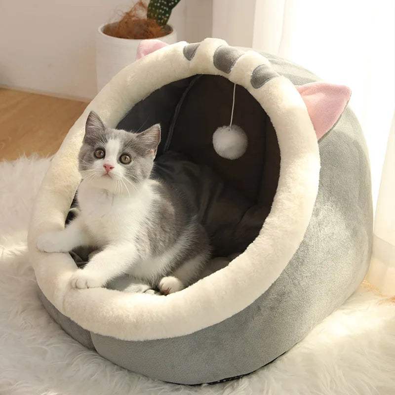 Plush Cat Cave Bed with Hanging Ball – Large