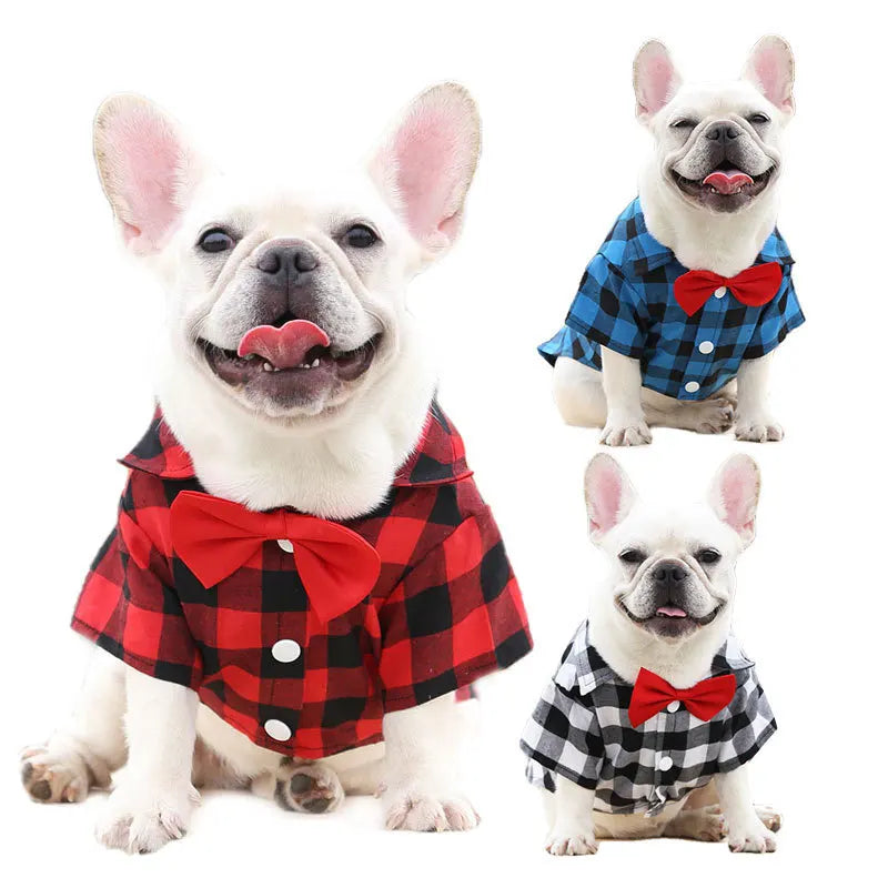 Plaid Pet Shirt with Red Bow Tie – Three Colors, XS–4XL