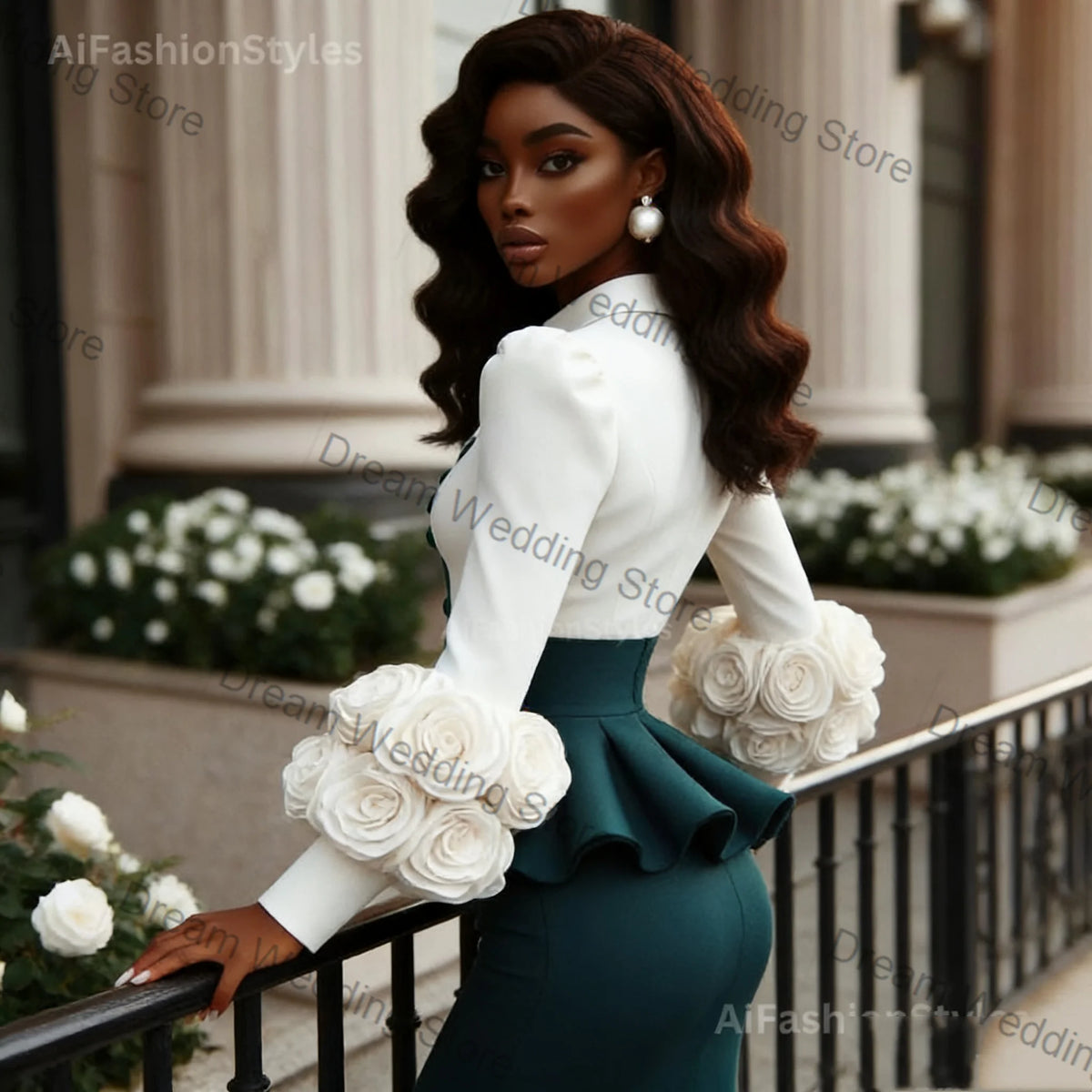 Floral-Cuff Peplum Jacket & Skirt Set