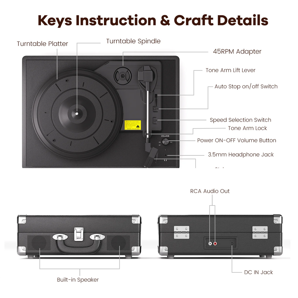 MAIO 3-Speed Suitcase Record Player with Built-In Speakers