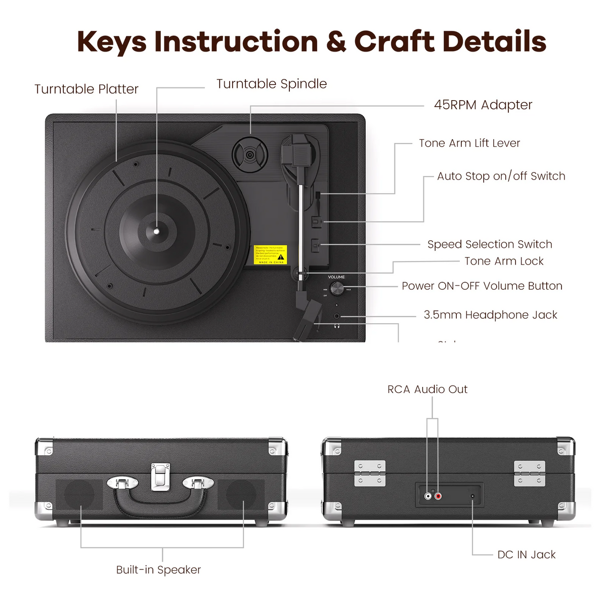 MAIO 3-Speed Suitcase Record Player with Built-In Speakers
