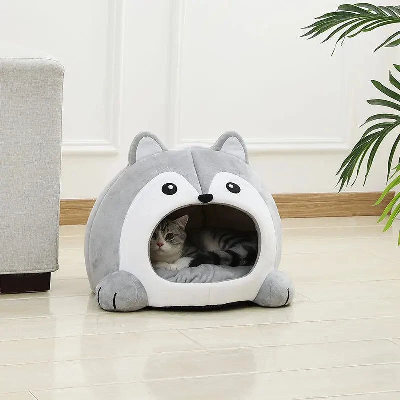 Husky-Shaped Plush Cat Cave Bed – Three Sizes