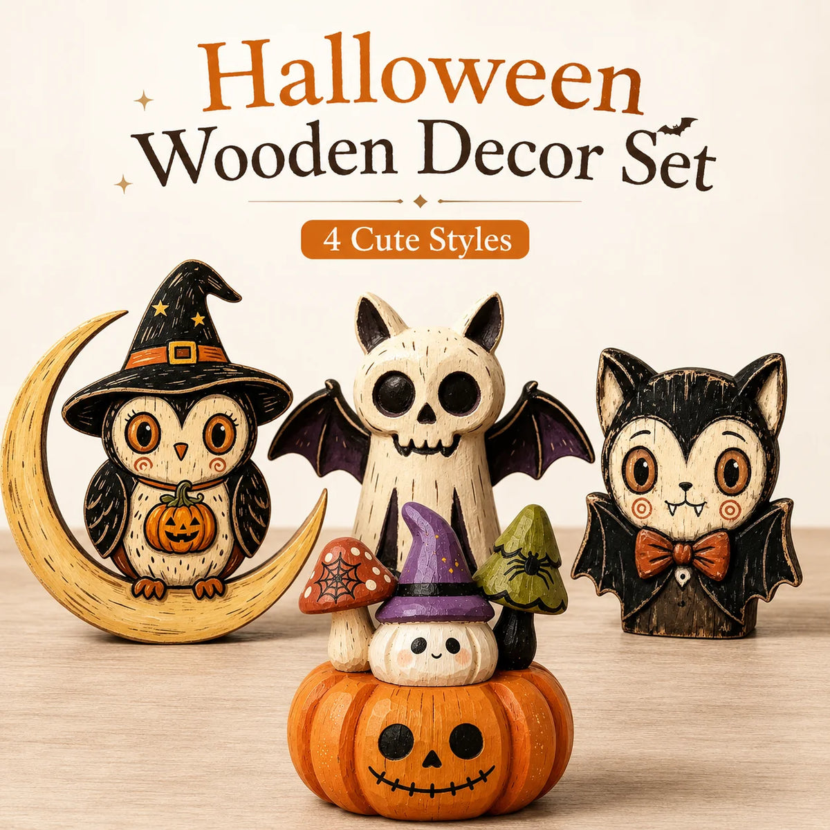 Wooden Halloween Tabletop Figures – Owl, Ghost, Pumpkin & Cat