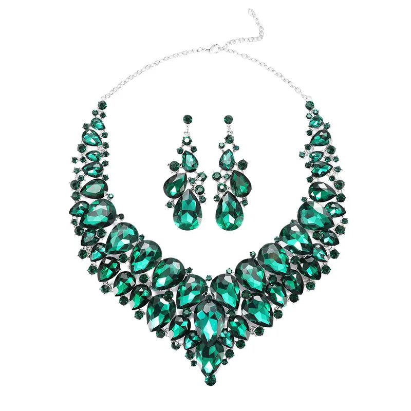 Teardrop Crystal Statement Necklace and Earrings Set