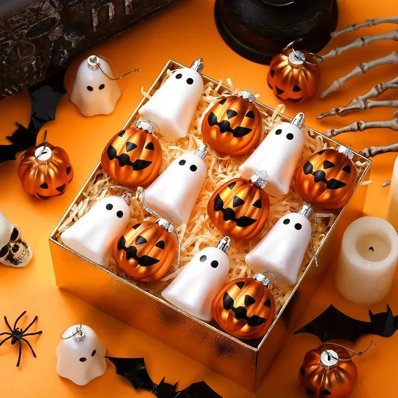 Halloween Ghost & Pumpkin Hanging Ornaments – 12 Pieces