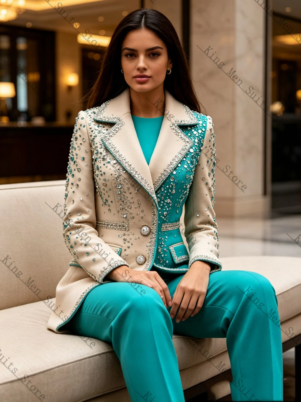 Crystal-Detail Blazer & Pants Suit