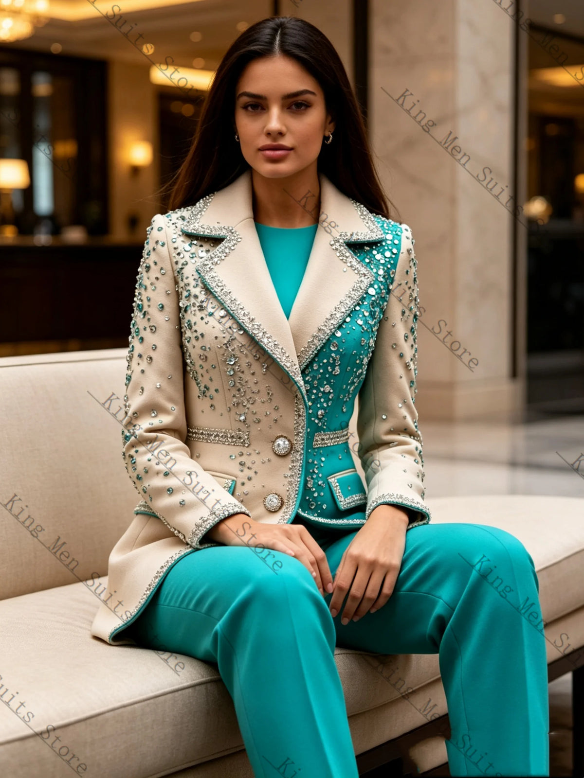 Crystal-Detail Blazer & Pants Suit