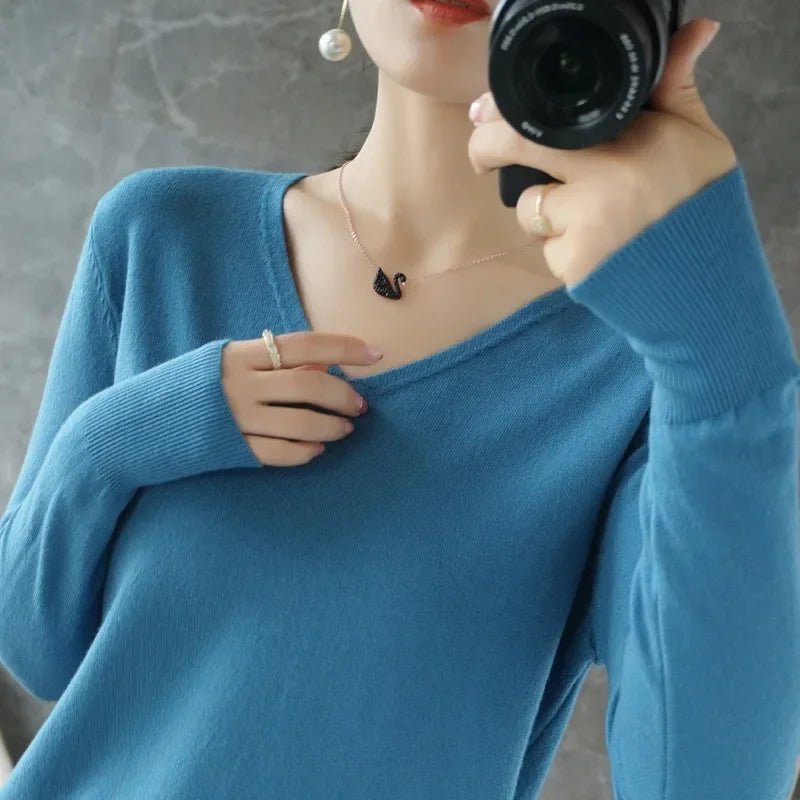 V-Neck Loose Knit Sweater, Soft Long Sleeve Pullover