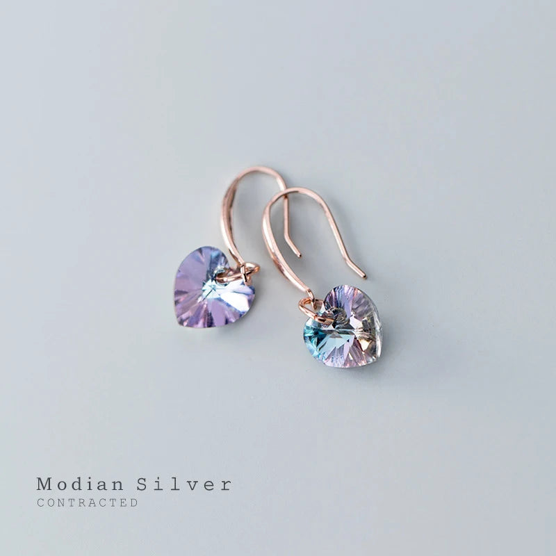 Rainbow Crystal Heart Drop Earrings – Silver or Rose-Gold Color