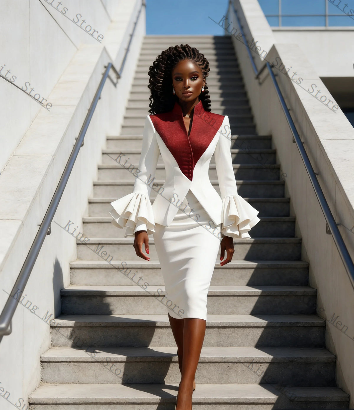 Contrast-Front Blazer & Pencil Skirt Set with Ruffle Cuffs