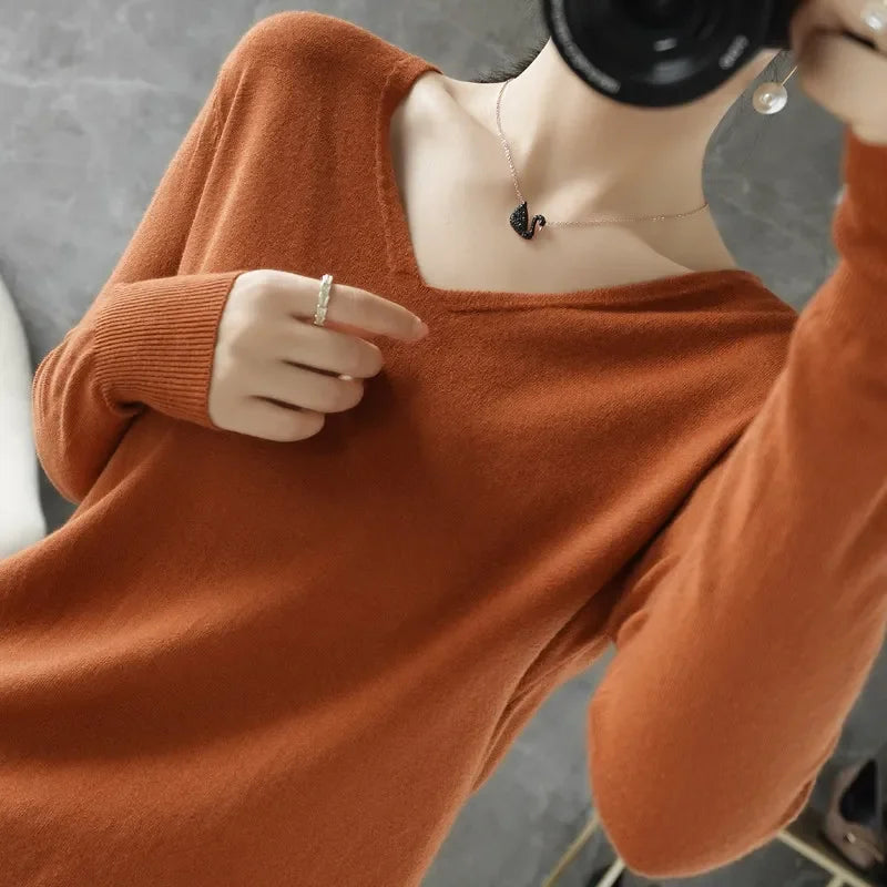 V-Neck Loose Knit Sweater, Soft Long Sleeve Pullover