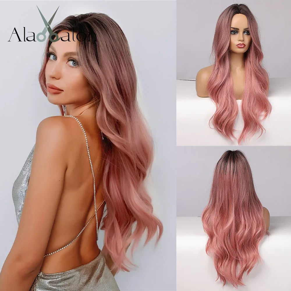 Long Wavy Middle-Part Synthetic Wig, Ombre Colors