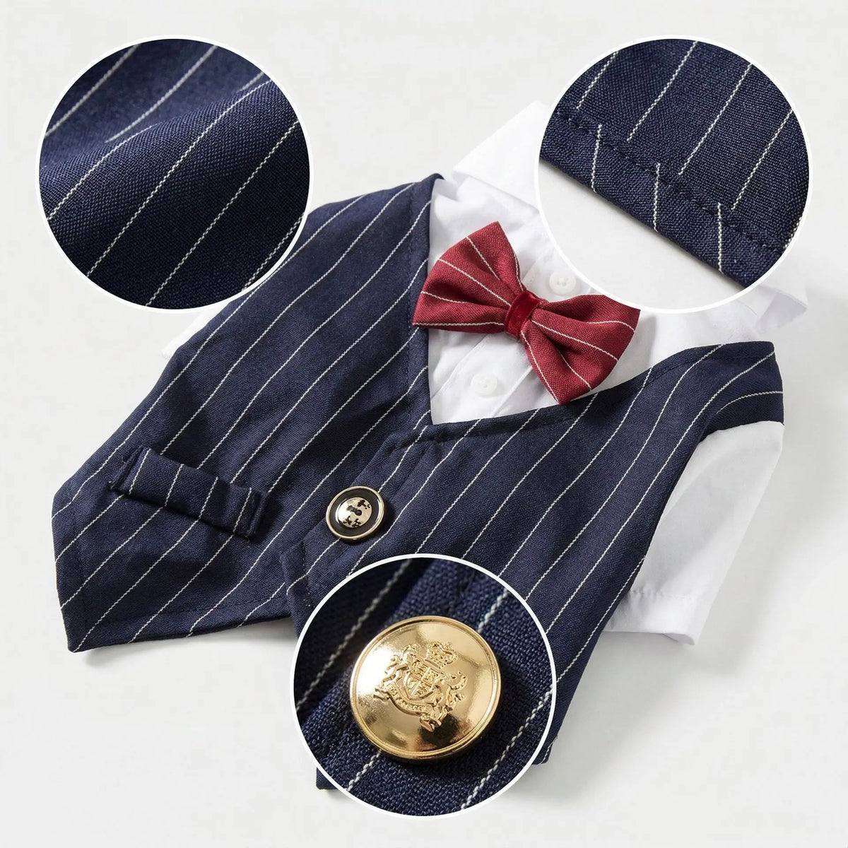 Pinstripe Dog Tuxedo-Style Outfit with Bow Tie