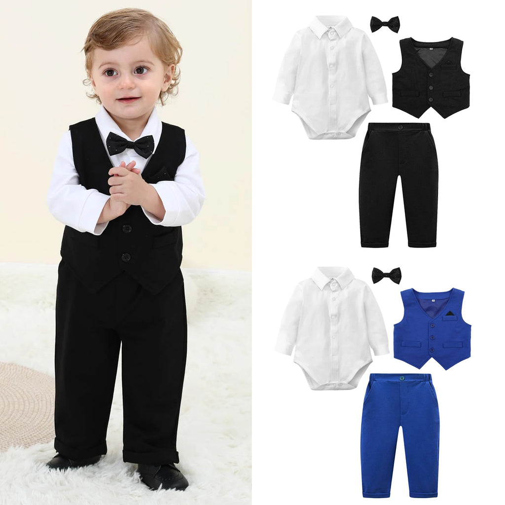 Baby Boys’ Formal Bodysuit, Vest & Trouser Set with Bow Tie – 3–18 Months