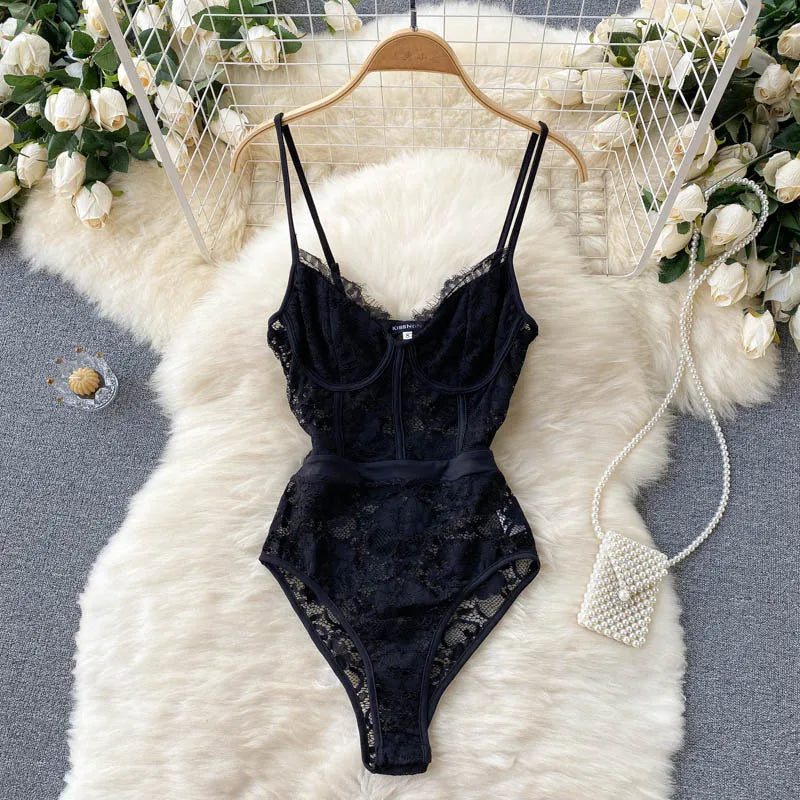 Black Floral Lace Spaghetti-Strap Bodysuit